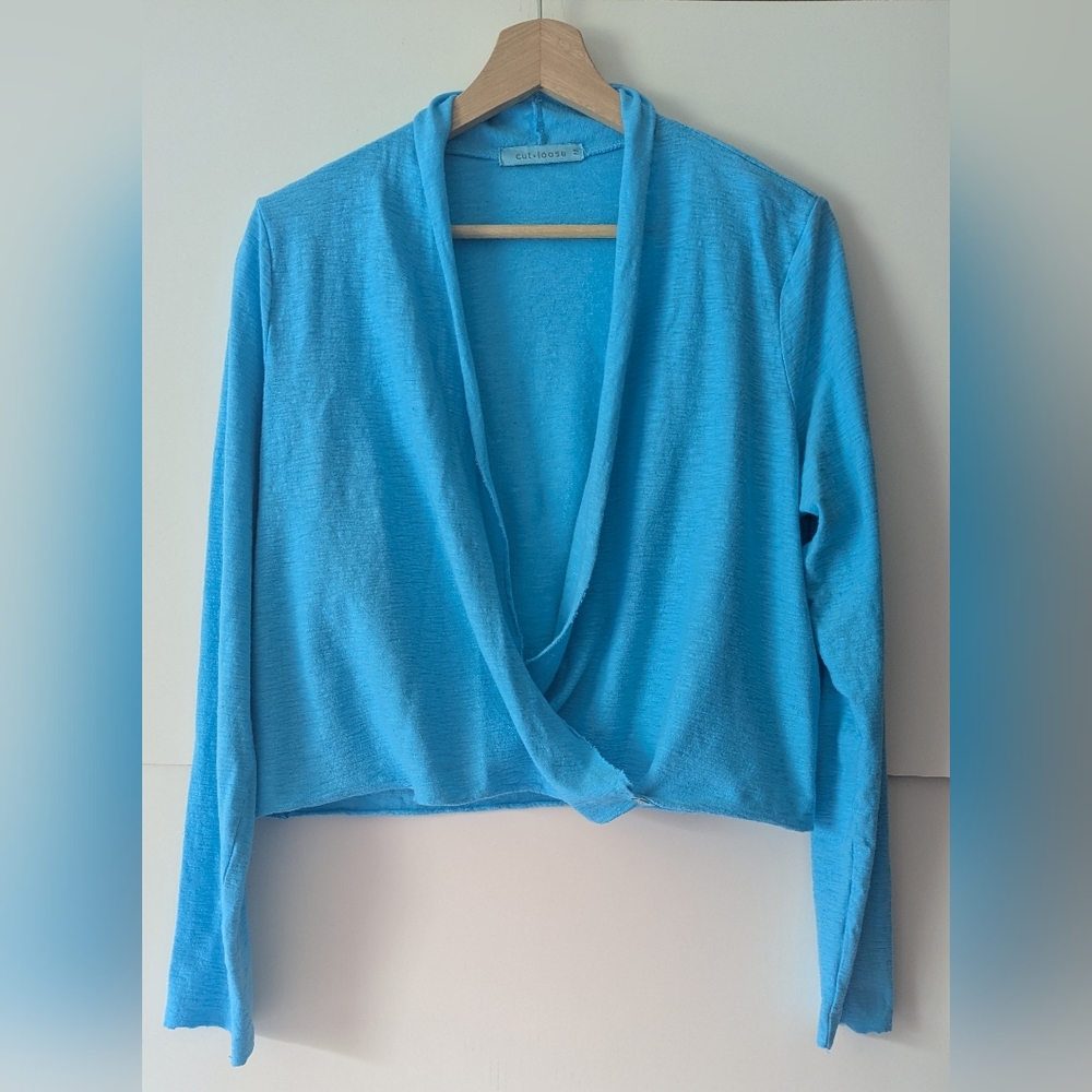 Cut Loose Linen Cotton Wrap Cropped Style Top Ocean Blue Medium